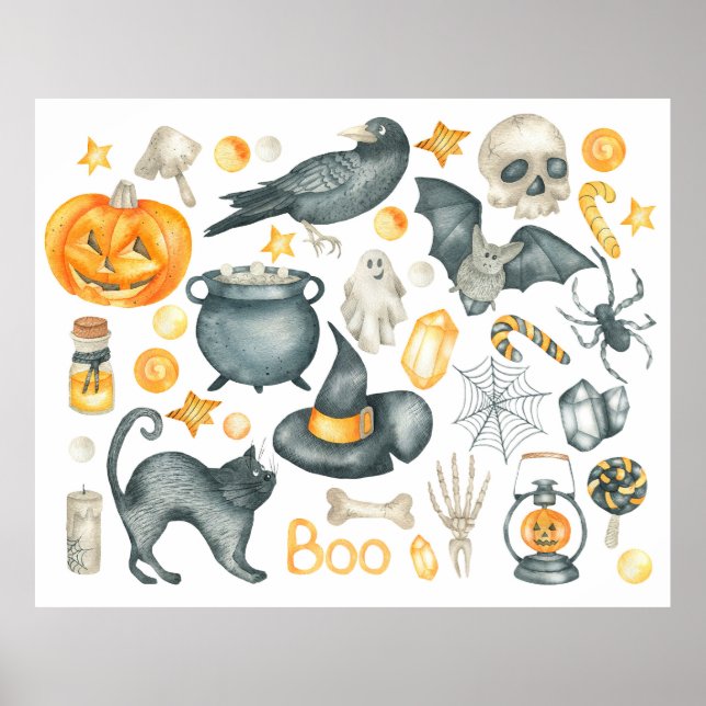 Halloween set: bat, black cat, spider, black crow  poster (Front)