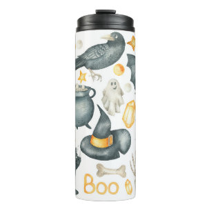 Halloween set: bat, black cat, spider, black crow  thermal tumbler