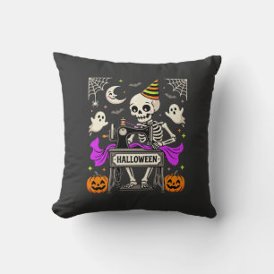 Halloween Sewing Skeleton Spooky Ghost Pumpkin Sew Throw Pillow