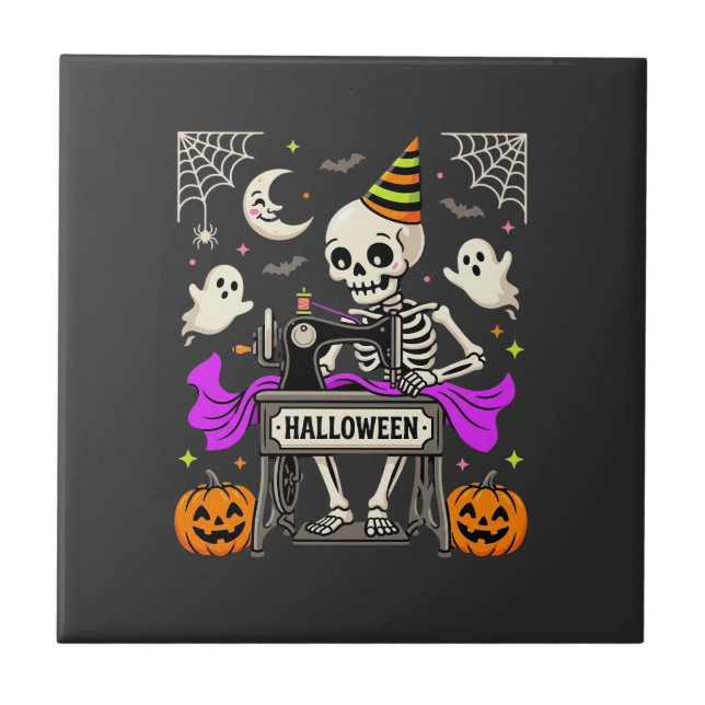 Halloween Sewing Skeleton Spooky Ghost Pumpkin Sew Tile (Front)