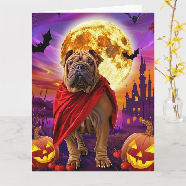 Halloween Shar Pei Vampire Pumpkins Scary Card (Yellow Flower)