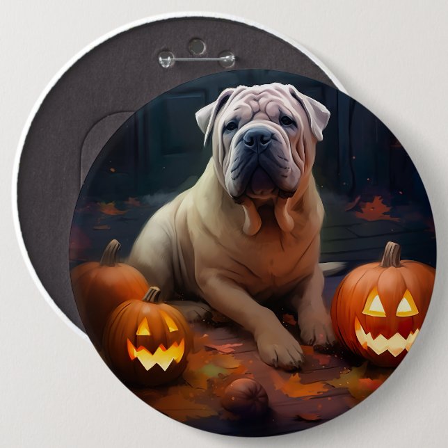 Halloween Shar Pei With Pumpkins Scary 6 Inch Round Button (Front & Back)