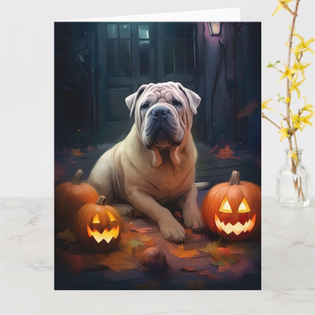 Halloween Shar Pei With Pumpkins Scary Card (Yellow Flower)
