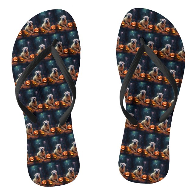 Halloween Shar Pei With Pumpkins Scary Flip Flops (Footbed)