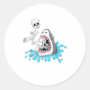 Halloween Shark Eats Skeleton Funny Classic Round Sticker