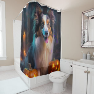 Halloween Shetland Sheepdog With Pumpkins Scary 