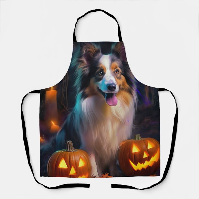 Halloween Shetland Sheepdog With Pumpkins Scary  Apron (Front)