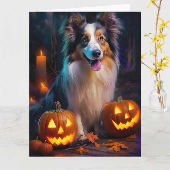 Halloween Shetland Sheepdog With Pumpkins Scary  Card (Yellow Flower)
