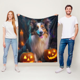 Halloween Shetland Sheepdog With Pumpkins Scary  Fleece Blanket