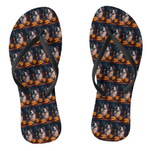 Halloween Shetland Sheepdog With Pumpkins Scary  Flip Flops