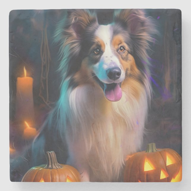 Halloween Shetland Sheepdog With Pumpkins Scary  Stone Coaster (Front)