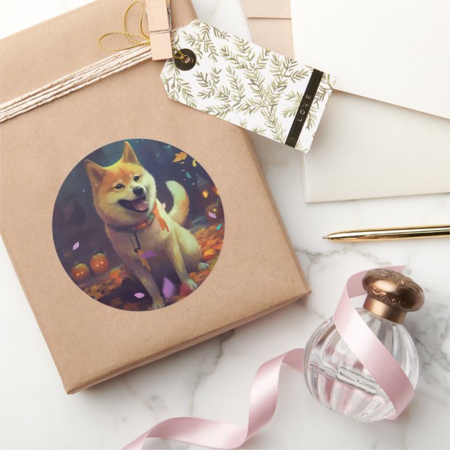 Halloween Shiba Inu With Pumpkins Scary Classic Round Sticker (Gifting)