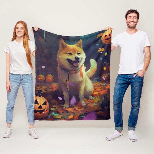 Halloween Shiba Inu With Pumpkins Scary Fleece Blanket (In Situ)