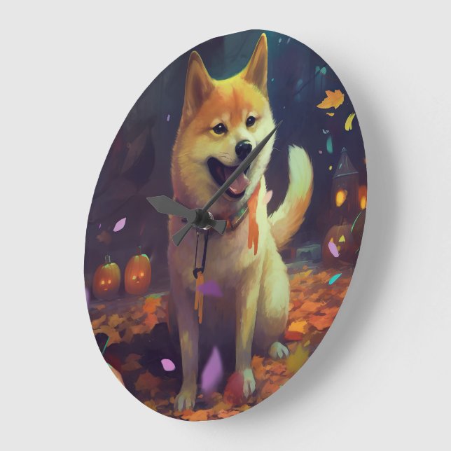 Halloween Shiba Inu With Pumpkins Scary Large Clock (Angle)