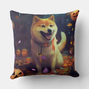 Halloween Shiba Inu With Pumpkins Scary Throw Pillow