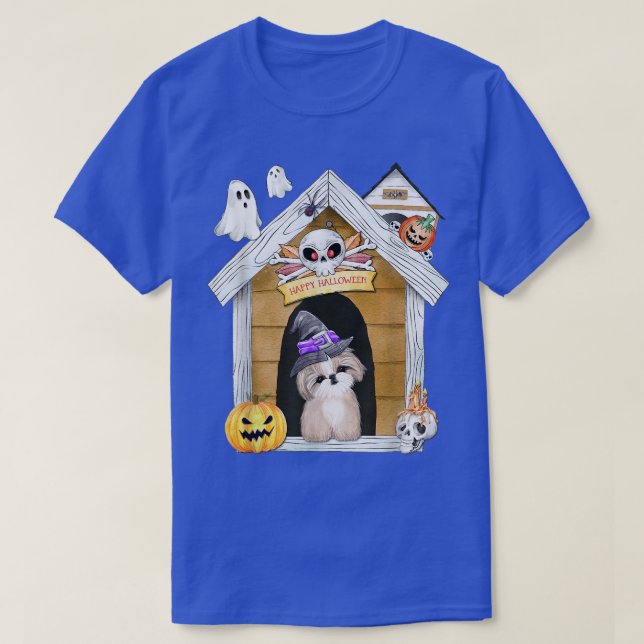 Halloween Shih Tzu Dog Witch Haunted House T-Shirt (Design Front)