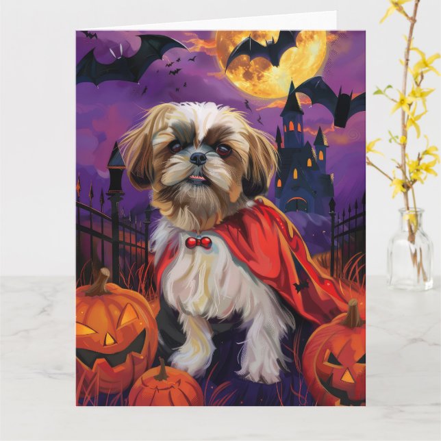 Halloween Shih Tzu Vampire Pumpkins Scary Card (Yellow Flower)