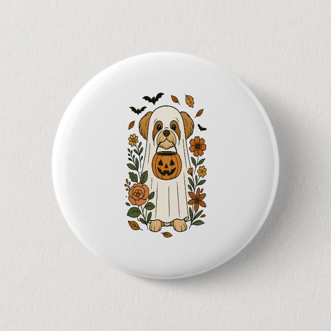 Halloween Shih Tzu with Fall Flowers 2 Inch Round Button (Front)