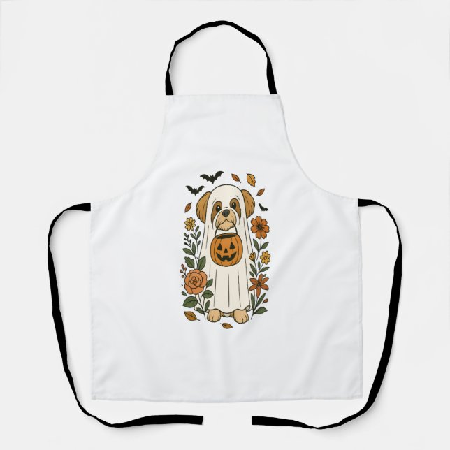 Halloween Shih Tzu with Fall Flowers Apron (Front)