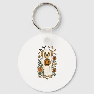 Halloween Shih Tzu with Fall Flowers Keychain