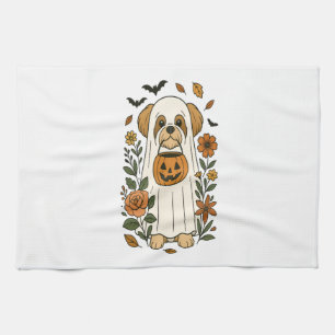 Halloween Shih Tzu with Fall Flowers Kitchen Towel