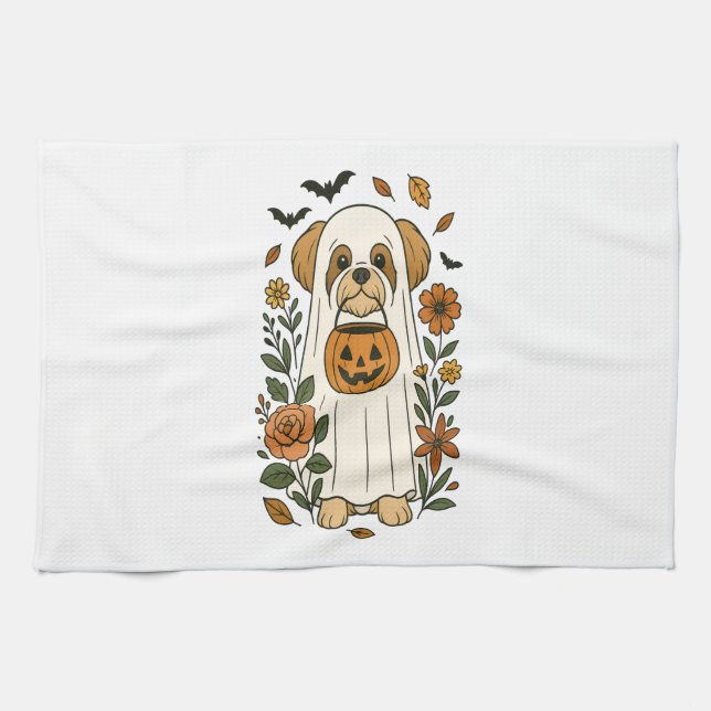Halloween Shih Tzu with Fall Flowers Kitchen Towel (Horizontal)