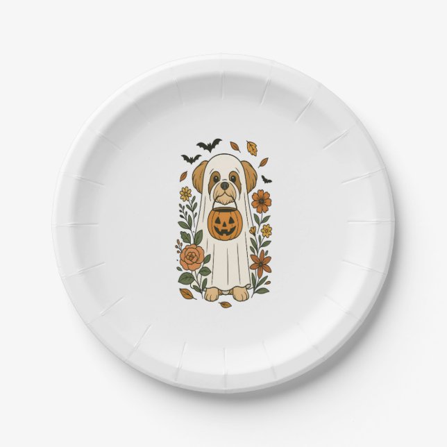 Halloween Shih Tzu with Fall Flowers Paper Plate (Front)