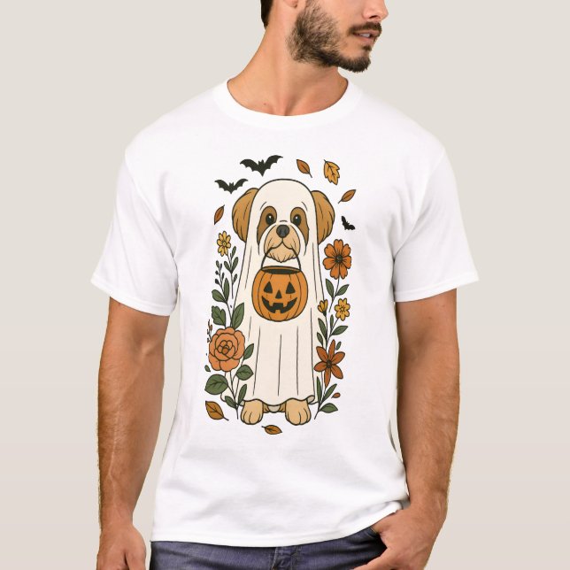 Halloween Shih Tzu with Fall Flowers T-Shirt (Front)