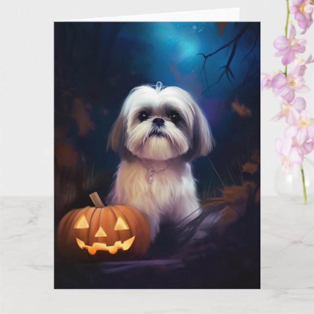 Halloween Shih Tzu With Pumpkins Scary Card (Orchid)