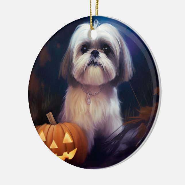 Halloween Shih Tzu With Pumpkins Scary Ceramic Ornament (Left)