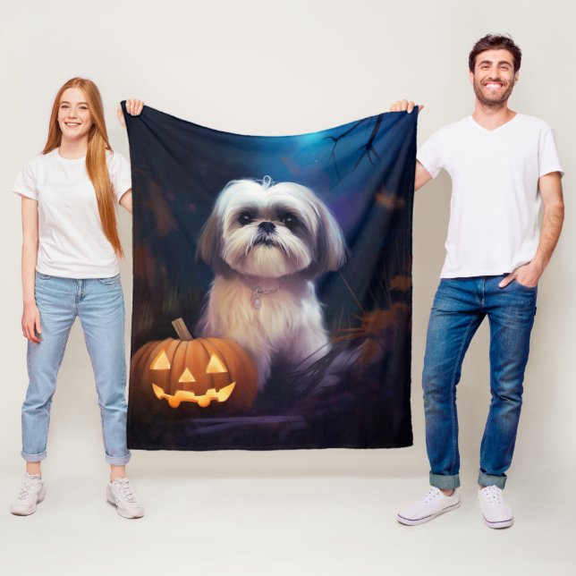 Halloween Shih Tzu With Pumpkins Scary Fleece Blanket (In Situ)