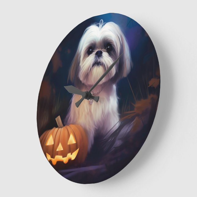 Halloween Shih Tzu With Pumpkins Scary Large Clock (Angle)