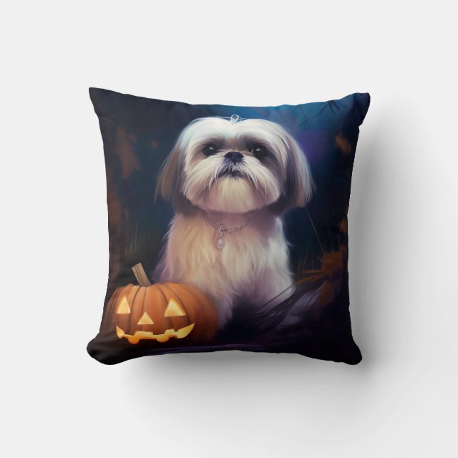 Halloween Shih Tzu With Pumpkins Scary Throw Pillow (Front)