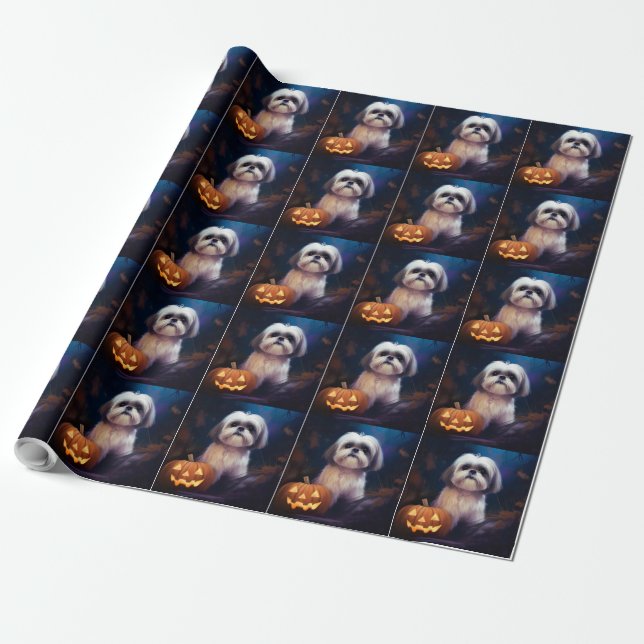 Halloween Shih Tzu With Pumpkins Scary Wrapping Paper (Unrolled)