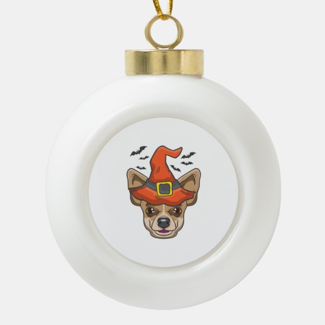 Halloween Shirt Witch Chihuahua Costume Gift Ceramic Ball Christmas Ornament (Front)