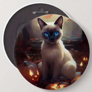Halloween Siamese Cat With Pumpkins Scary 6 Inch Round Button