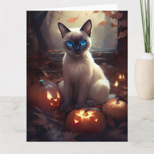 Halloween Siamese Cat With Pumpkins Scary Card