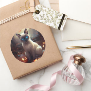 Halloween Siamese Cat With Pumpkins Scary Classic Round Sticker