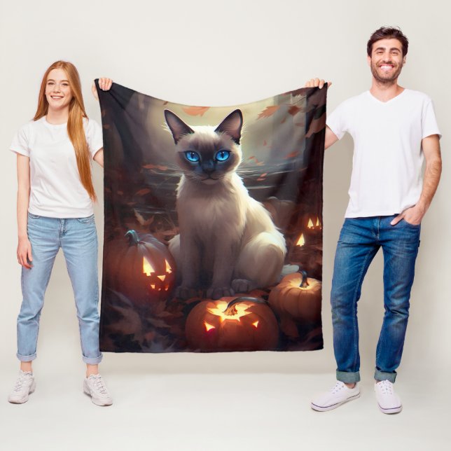 Halloween Siamese Cat With Pumpkins Scary  Fleece Blanket (In Situ)