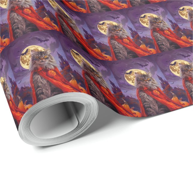 Halloween Siberian Cat Vampire Pumpkins Scary Wrapping Paper (Roll Corner)