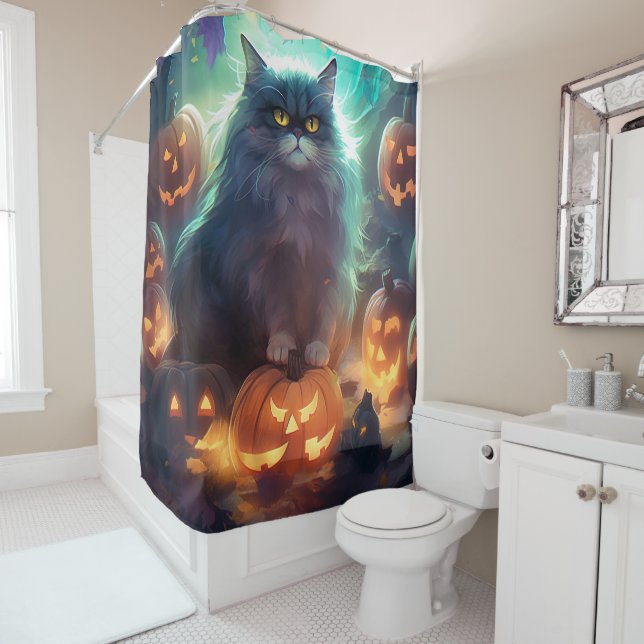 Halloween Siberian Cat With Pumpkins Scary (In Situ)