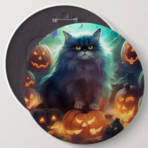 Halloween Siberian Cat With Pumpkins Scary 6 Inch Round Button