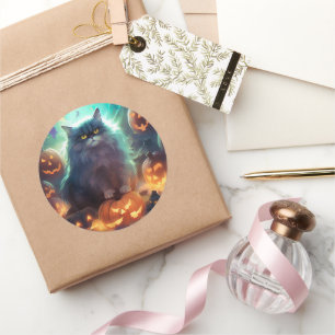 Halloween Siberian Cat With Pumpkins Scary Classic Round Sticker