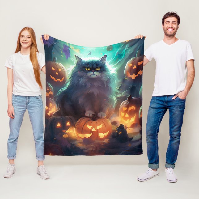 Halloween Siberian Cat With Pumpkins Scary Fleece Blanket (In Situ)