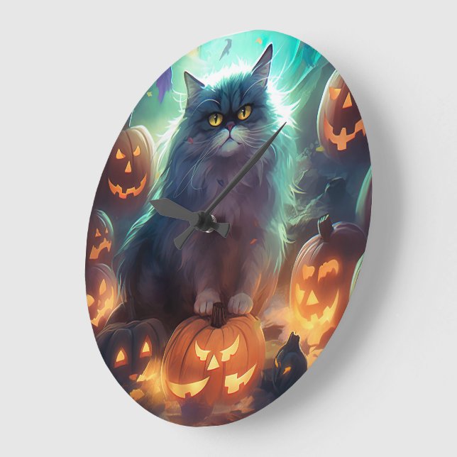 Halloween Siberian Cat With Pumpkins Scary Large Clock (Angle)