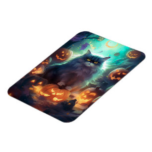 Halloween Siberian Cat With Pumpkins Scary Magnet