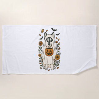 Halloween Siberian Husky Flowers Beach Towel