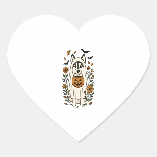 Halloween Siberian Husky Flowers Heart Sticker (Front)