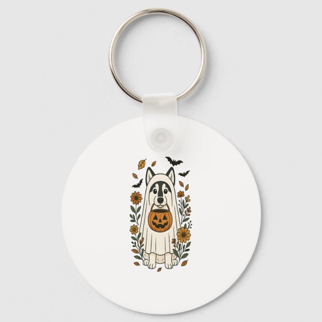 Halloween Siberian Husky Flowers Keychain (Front)