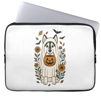 Halloween Siberian Husky Flowers Laptop Sleeve